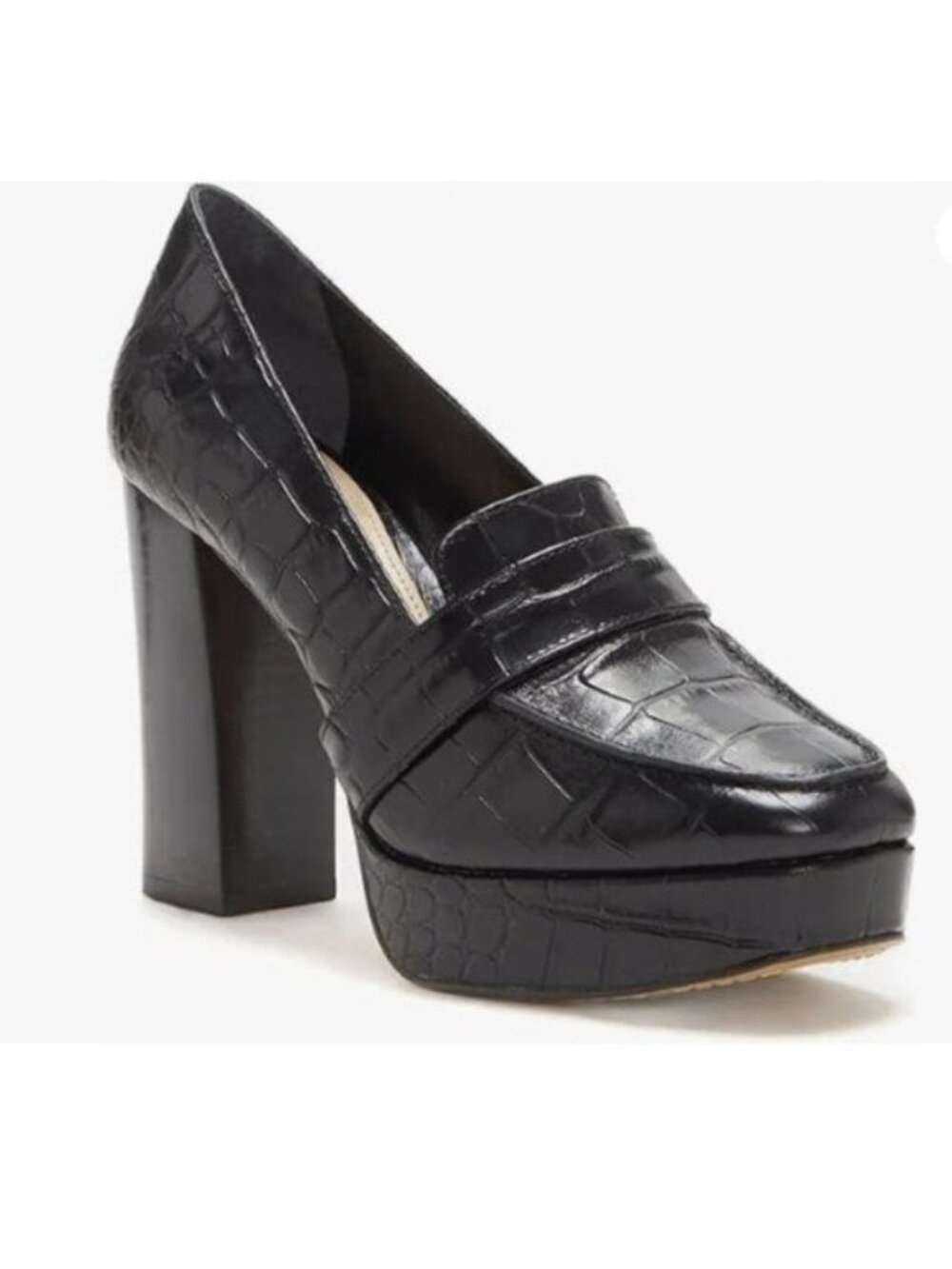 Women Chunky Heel Leather Loafer Stylish Square Toe High Heel Loafer Shoes Black